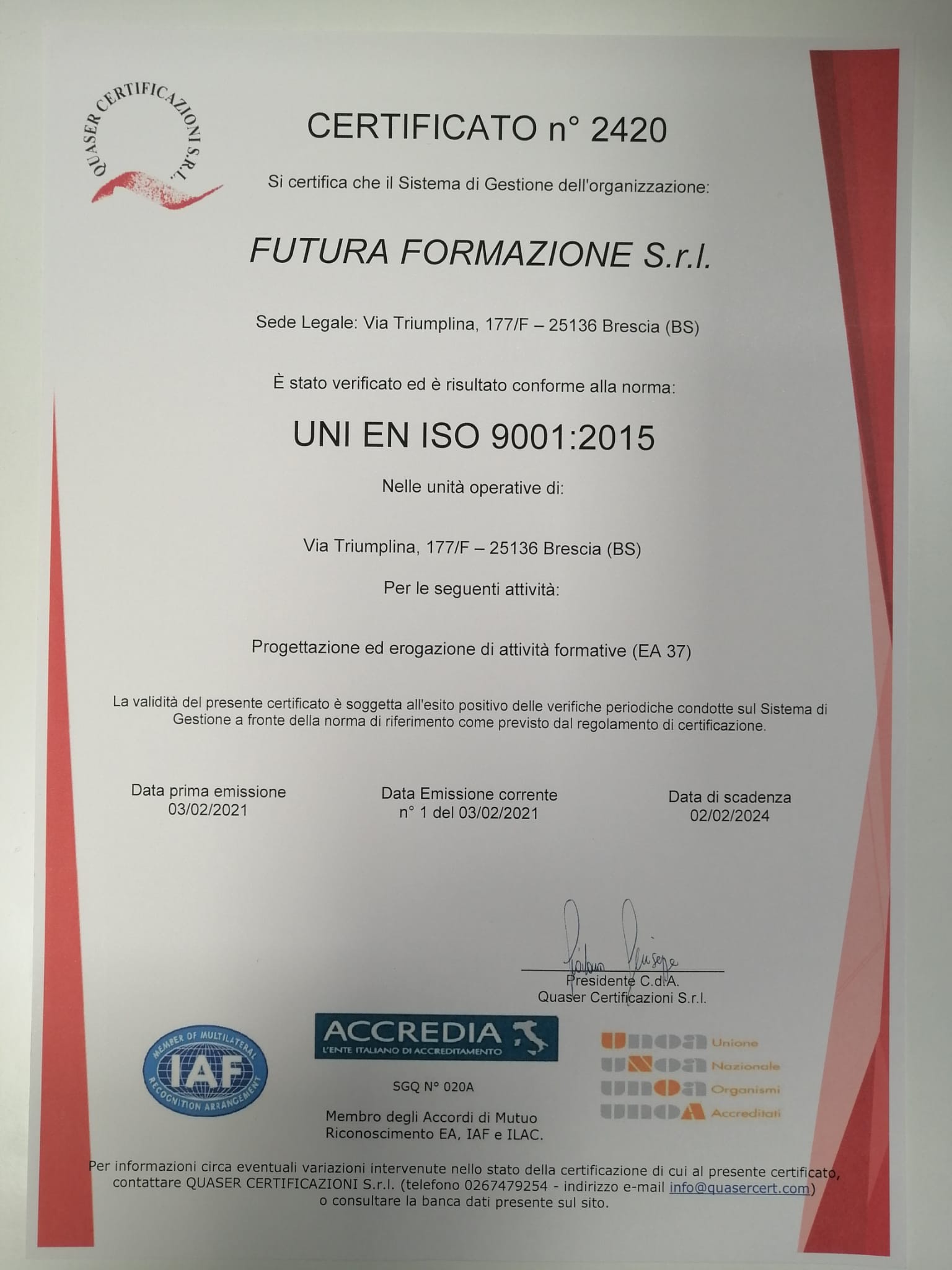Certificato di Qualit&agrave; UNI EN ISO 9001:2015